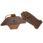 Brown leather hot pot handle holders for cast iron skillets with assist handles