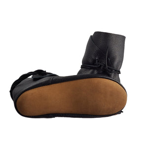 brown leather soft sole on black moccasin for women handcrafted by black jacket moccasins